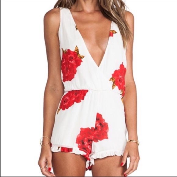 REVOLVE WINSTON WHITE BRAND BODYCON RED FLORAL RUFFLE DEEP V BOHO ROMPER S - Picture 1 of 15